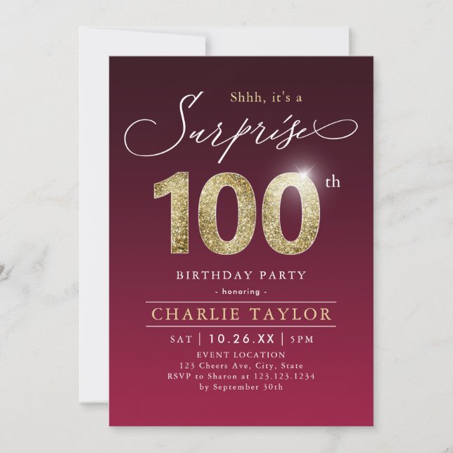 Modern burgundy gold adult surprise 100th birthday invitation (Front)
