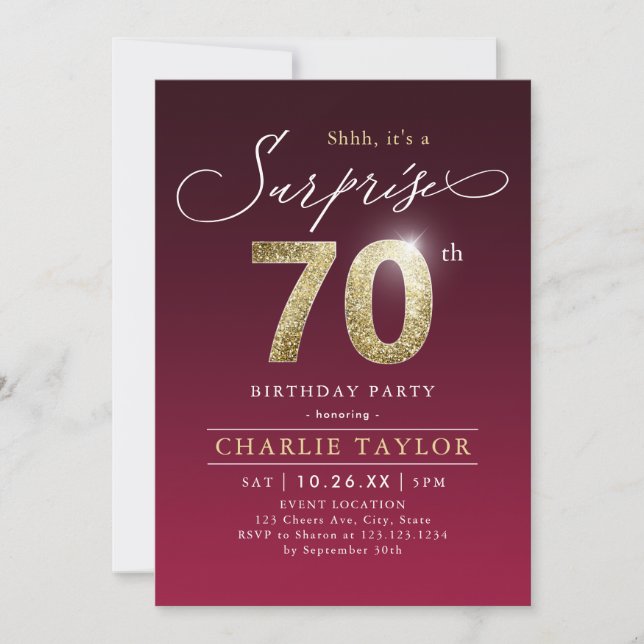 Modern burgundy gold adult surprise 70th birthday invitation (Front)