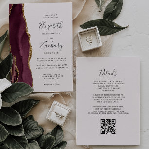Modern Burgundy Gold Agate Blush QR Code Wedding Invitation