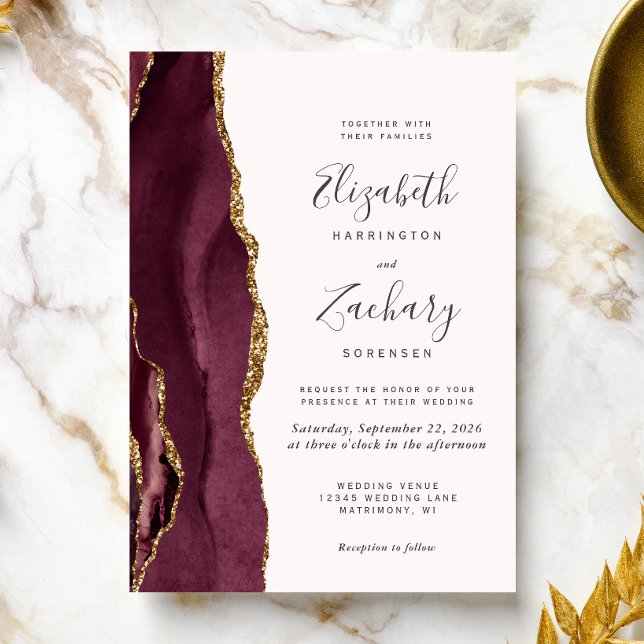 Modern Burgundy Gold Agate Blush Wedding Invitation (A perfect choice for a burgundy and blush themed wedding.)