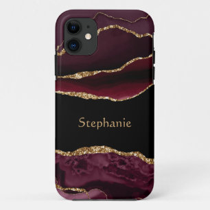 Modern Burgundy Gold Agate Crystal Personalize iPhone 11 Case