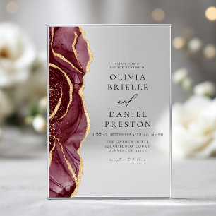 Modern Burgundy Gold Agate Elegant Wedding Acrylic Invitations