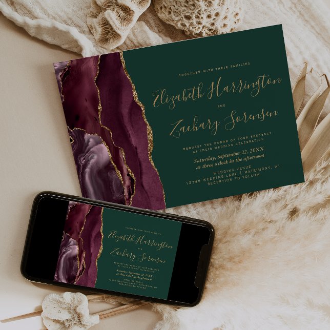 Modern Burgundy Gold Agate Emerald Green Wedding Invitation (Creator Uploaded)