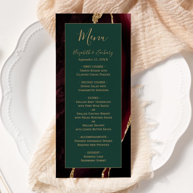 Modern Burgundy Gold Agate Green Wedding Menu (Creator Uploaded)
