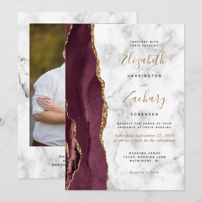 Modern Burgundy Gold Agate Marble Photo Wedding Invitation (Front/Back)