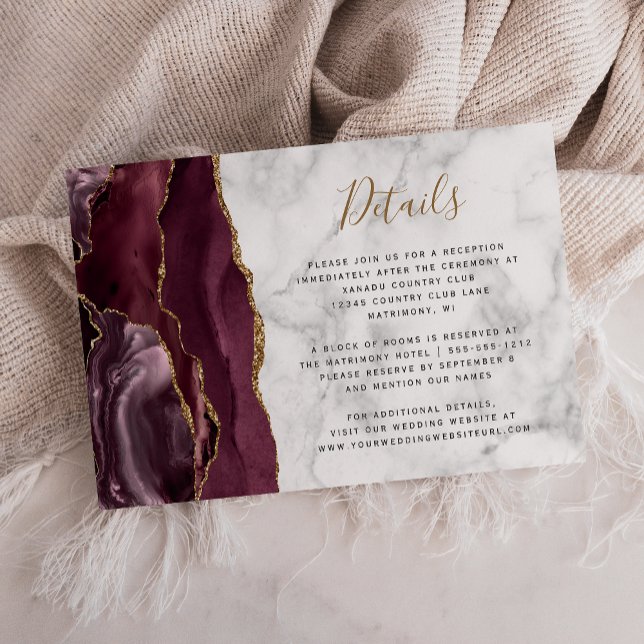 Modern Burgundy Gold Agate Marble Wedding Details Enclosure Card (Creator Uploaded)