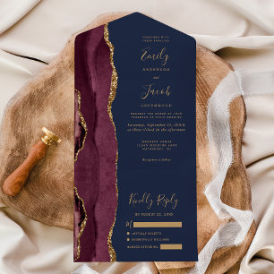 Modern Burgundy Gold Agate Navy Blue Wedding All In One Invitation