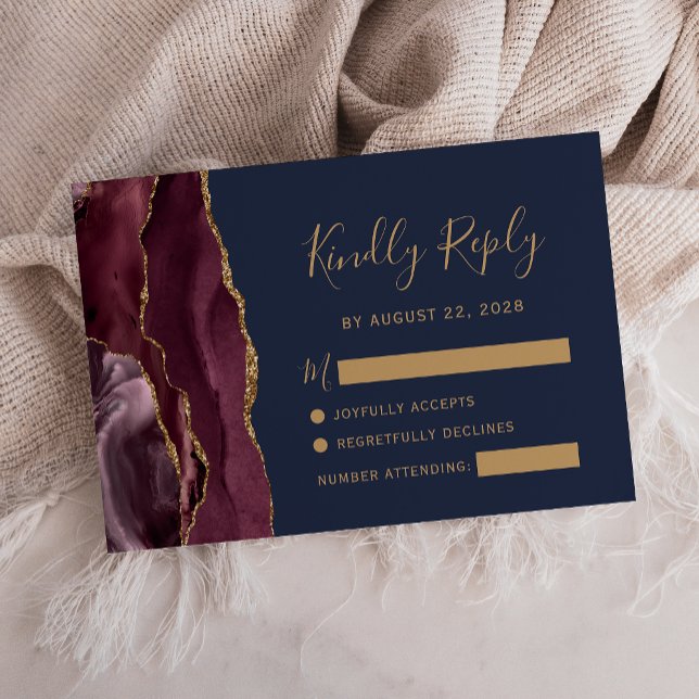 Modern Burgundy Gold Agate Navy Blue Wedding RSVP Card (Creator Uploaded)