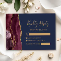 Modern Burgundy Gold Agate Navy Blue Wedding RSVP