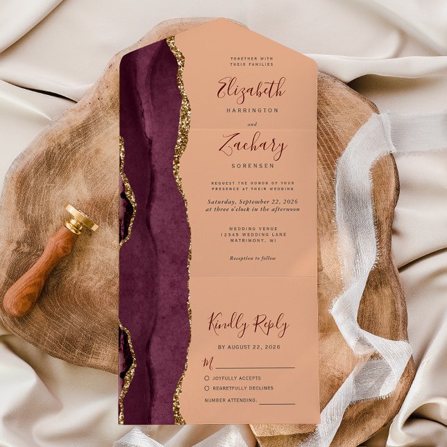 Modern Burgundy Gold Agate Peach Wedding All In One Invitation (Creator Uploaded)