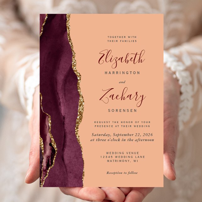 Modern Burgundy Gold Agate Peach Wedding Invitation (Creator Uploaded)