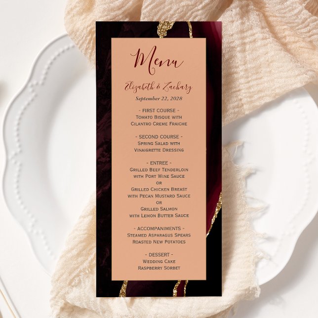 Modern Burgundy Gold Agate Peach Wedding Menu (Creator Uploaded)