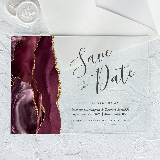 Modern Burgundy Gold Agate Save the Date Card Acrylic Invitations (Creator Uploaded)