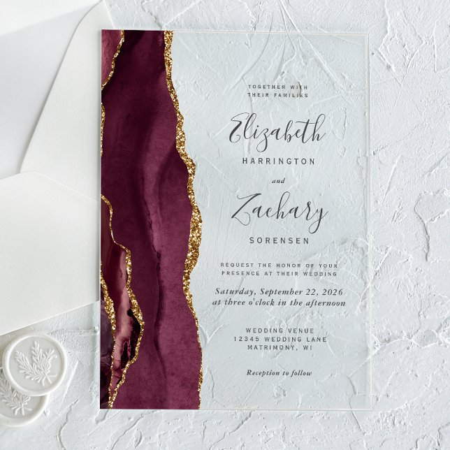 Modern Burgundy Gold Agate Wedding Acrylic Invitations (Creator Uploaded)