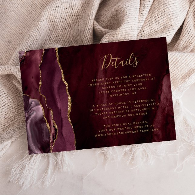 Modern Burgundy Gold Agate Wedding Details Enclosure Card (Creator Uploaded)