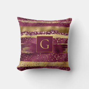 Modern burgundy, gold brush strokes and monogram throw pillow