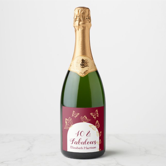 Modern Burgundy Gold Butterflies Fabulous Birthday Sparkling Wine Label (Front)