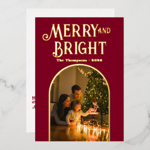 Modern Burgundy & Gold Christmas Photo Foil Holiday Card