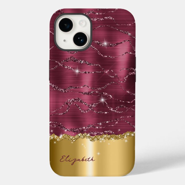 Modern Burgundy Gold Faux Glitter Monogram Case (Back)