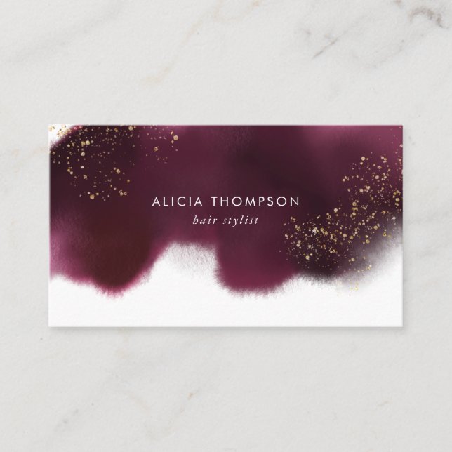 Modern Burgundy Gold Glitter Watercolor Business Card (Front)