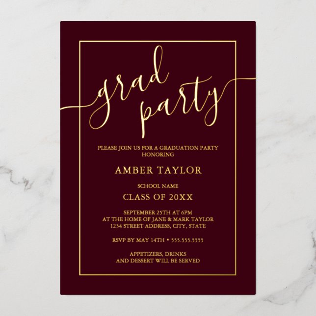 Modern Burgundy Gold Graduation Party  (Front)