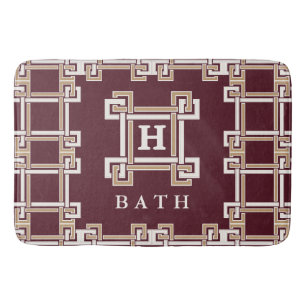 Modern Burgundy Gold Greek Key Monogram Bathroom Bath Mat