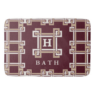 Modern Burgundy Gold Greek Key Monogram Bathroom Bath Mat
