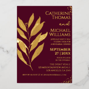 Modern Burgundy Gold Leaf Wedding Rehearsal Dinner