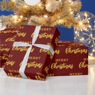 Modern Burgundy Gold Merry Christmas Pattern Wrapping Paper