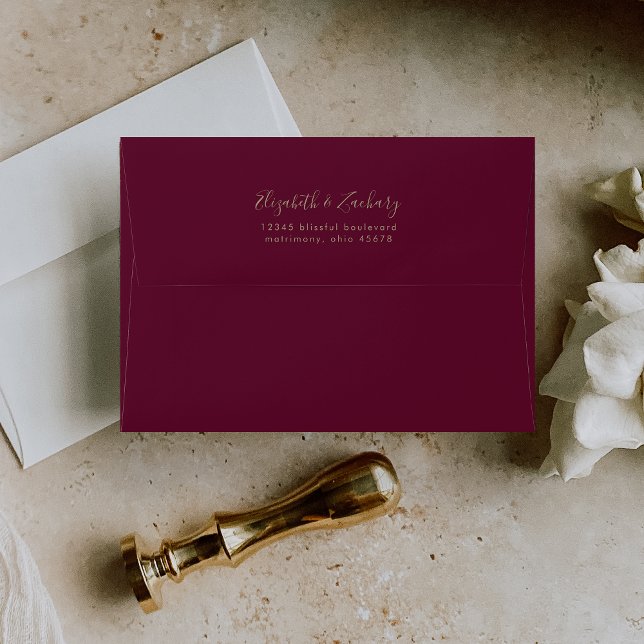 Modern Burgundy Gold Minimalist Script Wedding Envelope (Creator Uploaded)