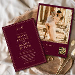 Modern Burgundy Gold Photo QR Code Wedding Invitation<br><div class="desc">Announce your wedding with this modern burgundy and gold wedding invitation featuring your favourite photo and a built-in QR code. The rich burgundy backdrop paired with luxe gold accents creates a romantic, elegant look, while the clean editorial typography keeps the design minimal and modern. The integrated QR code allows guests...</div>