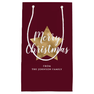 Modern Burgundy Gold Star Christmas Small Gift Bag