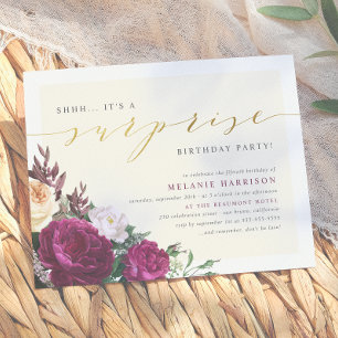 Modern Burgundy & Gold Surprise Birthday Party Invitation Postcard