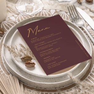 Modern Burgundy Gold Typography Wedding Table Menu