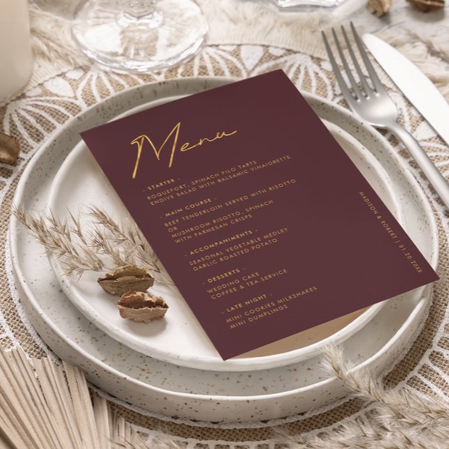 Modern Burgundy Gold Typography Wedding Table Menu (Creator Uploaded)