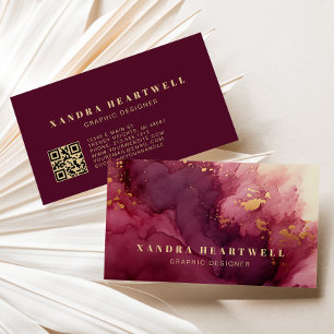 Modern Burgundy Gold Watercolor  Abstract QR Code Business Card