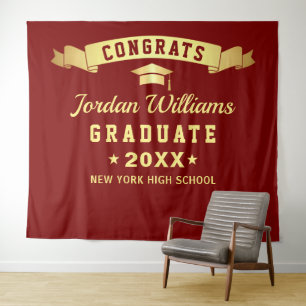 Modern Burgundy Golden Graduation Photo Backdrop Tapestry