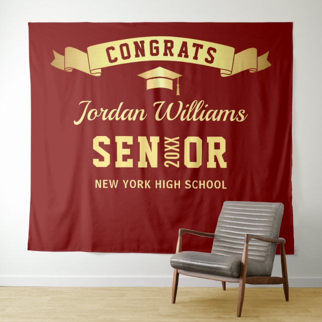 Modern Burgundy Golden Graduation Photo Backdrop Tapestry (In Situ (Horizontal))
