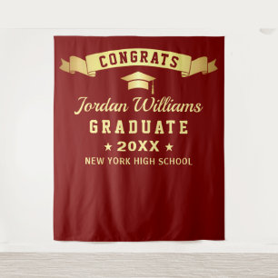 Modern Burgundy Golden Graduation Photo Backdrop Tapestry