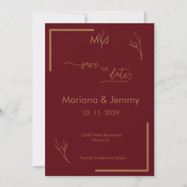 Modern Burgundy Golden Leaflet Monogram Scripted  Save The Date (Front)