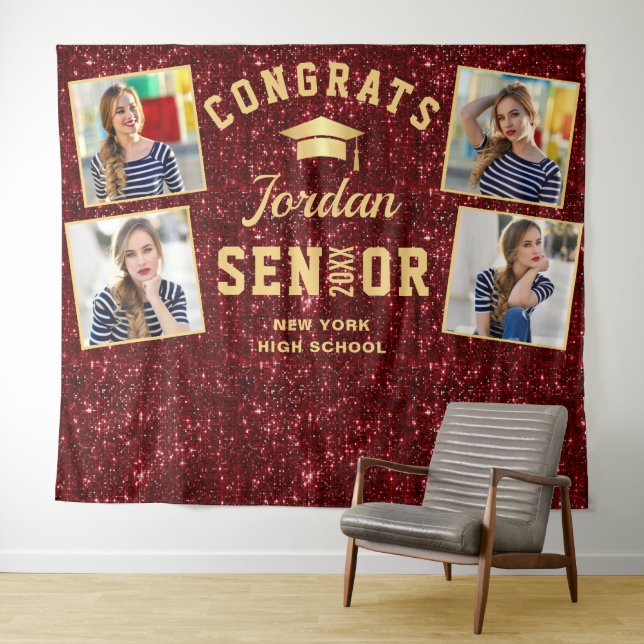 Modern Burgundy Graduation 4 Photo Booth Backdrop Tapestry (In Situ (Horizontal))