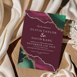  Modern Burgundy & Green Agate Wedding Invitation