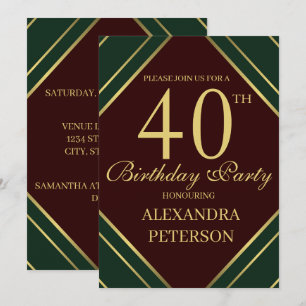 Modern Burgundy Green And Gold Stripes Birthday Invitation