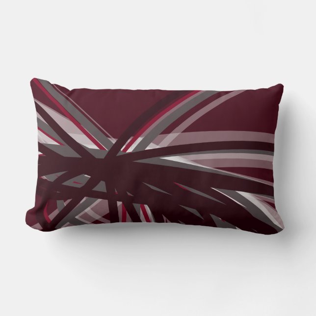 Modern Burgundy & Grey Abstract Ribbons Lumbar Pillow (Front)