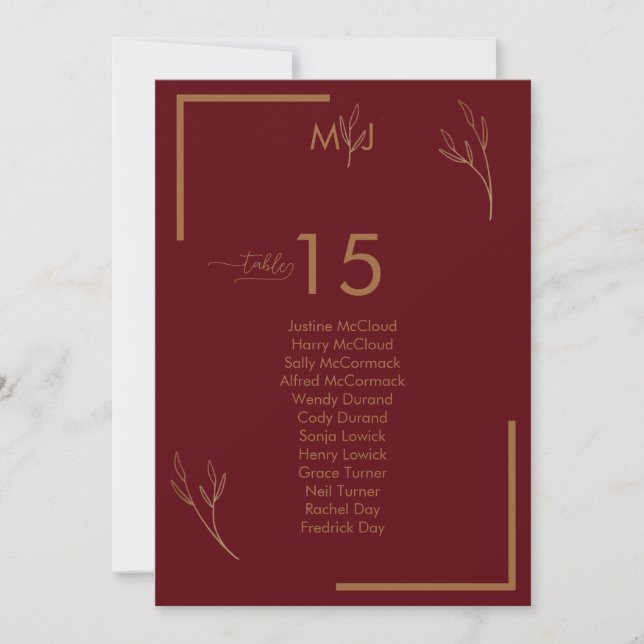 Modern Burgundy Guests Seating List Table Number (Front)