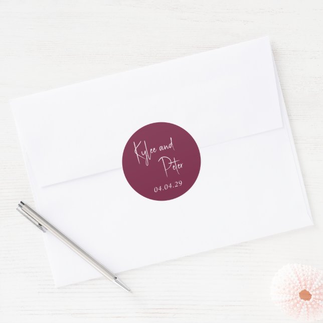 Modern Burgundy Handwritten Script Elegant Wedding Classic Round Sticker (Envelope)