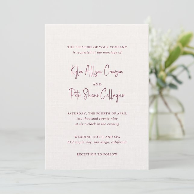 Modern Burgundy Handwritten Script Elegant Wedding Invitation (Standing Front)