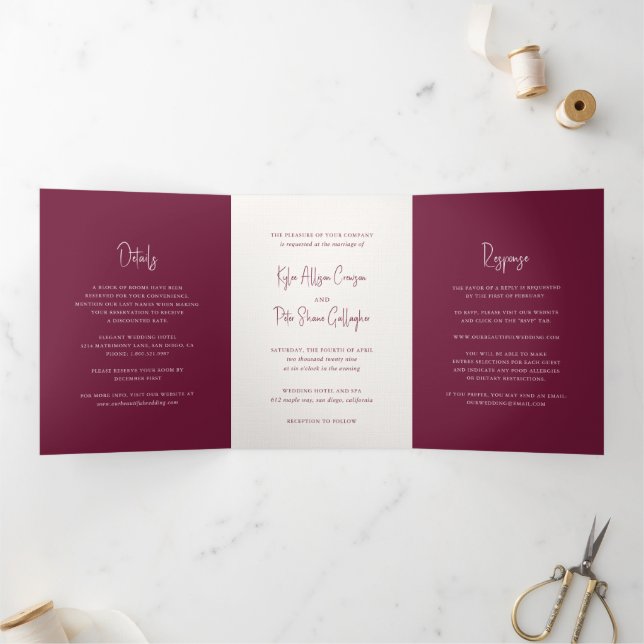 Modern Burgundy Handwritten Script Elegant Wedding Tri-Fold Invitation (Inside)