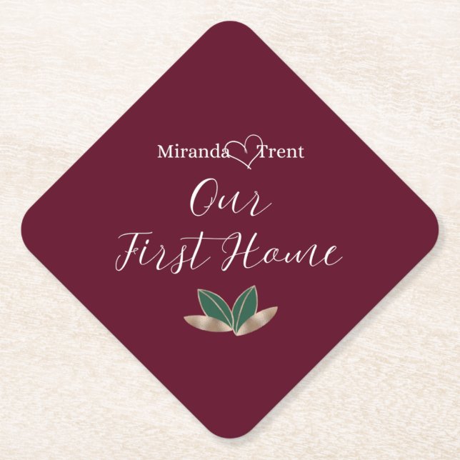 Modern Burgundy Housewarming Party Coaster (Front)