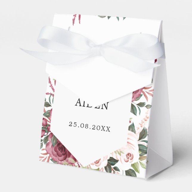 Modern Burgundy Ivory Cream Pink Floral Wedding Favor Box (Front Side)
